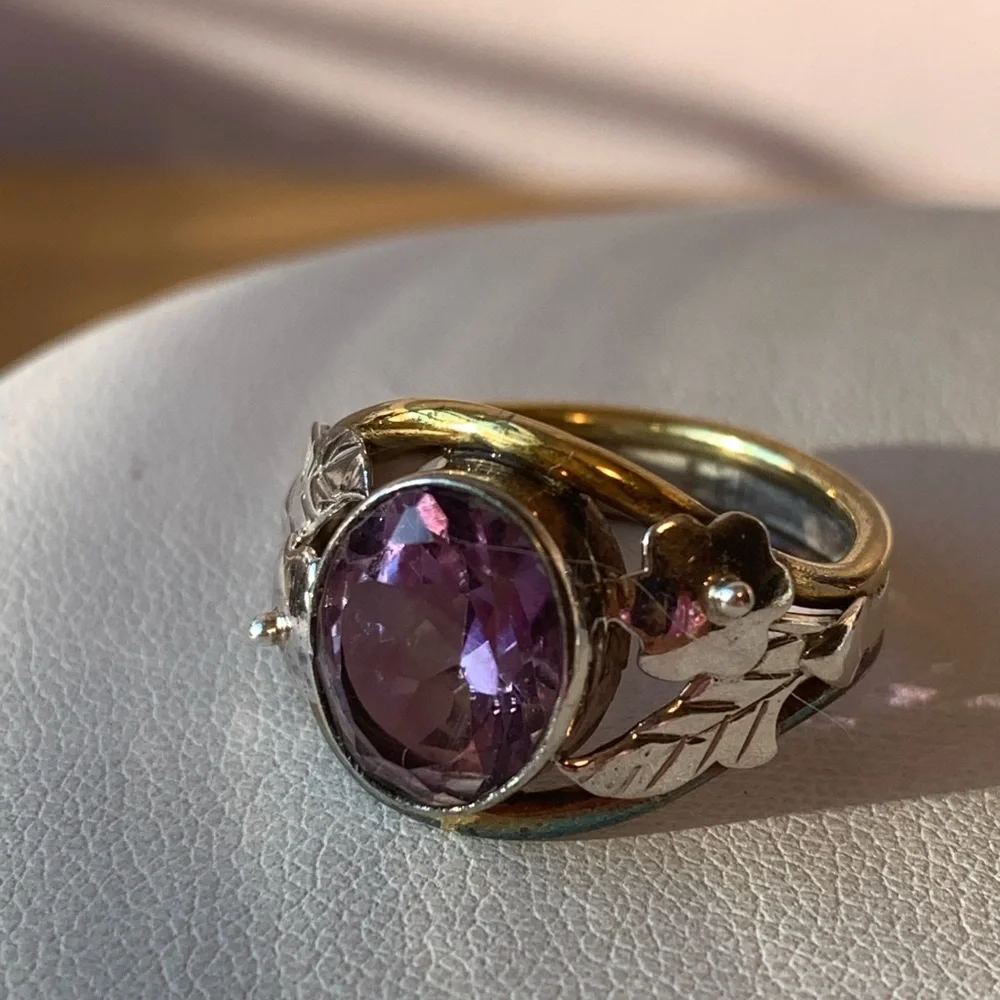 VINTAGE AMETHYST RING 925 STERLING SILVER TRI COLOR